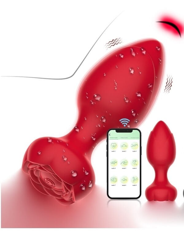 Censan Telefon Kontrollü Full Covered Rubber Rose Anal Plug – Kırmızı