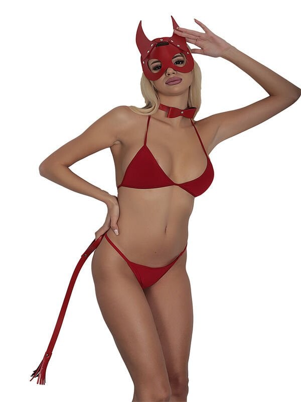 Censan Kırmızı Maskeli Deri 3'lü Harness Set Takım + İç Çamaşır Takımı